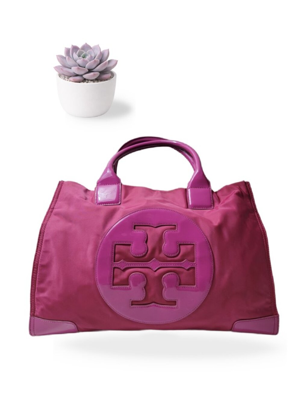 Tory Burch Ella Nylon Tote Bag Large Magenta Pink Patent Leather Shoulder Purse